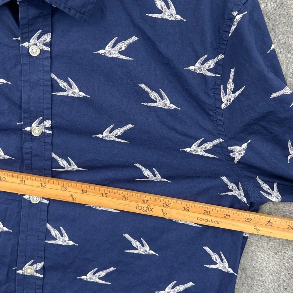 Banana Republic Shirt Mens L Navy Blue Bird Print‎ Luxe Poplin Untucked Slim Fit